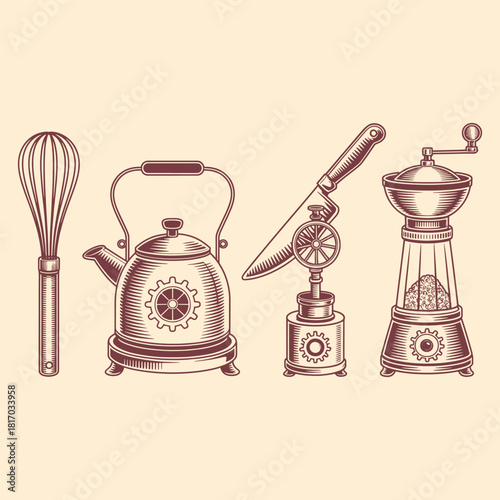 Steampunk kitchen utensils whisk kettle knife grinder with gears and brain vector