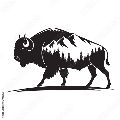 Bison Silhouette, Mountain Forest Double Exposure, Wildlife Nature Vector, Buffalo Illustration Art