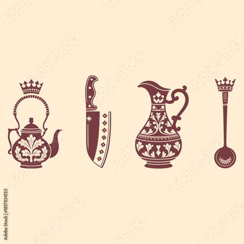 Four decorative maroon kitchen objects with crowns on a cream background teapot knife