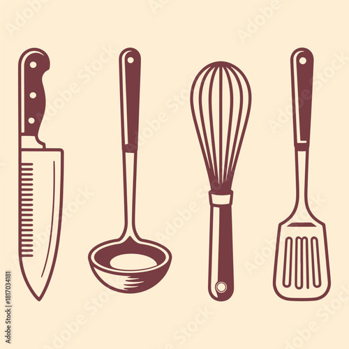 Four kitchen utensils including a chef knife ladle whisk and spatula in maroon on a cream background