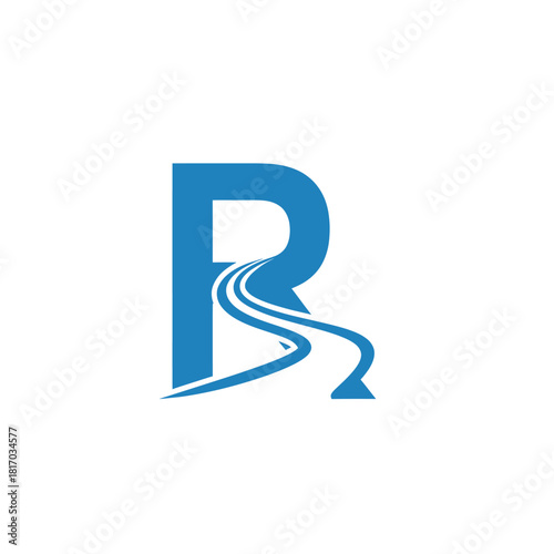 Blue Letter R Logo with Winding Road Design, Modern and Minimalist Style.
