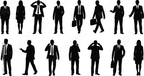 Professional Corporate Business People Silhouettes Vector Set, Diverse Poses and Actions for Office, Finance, and Executive Concepts, Isolated on White Background