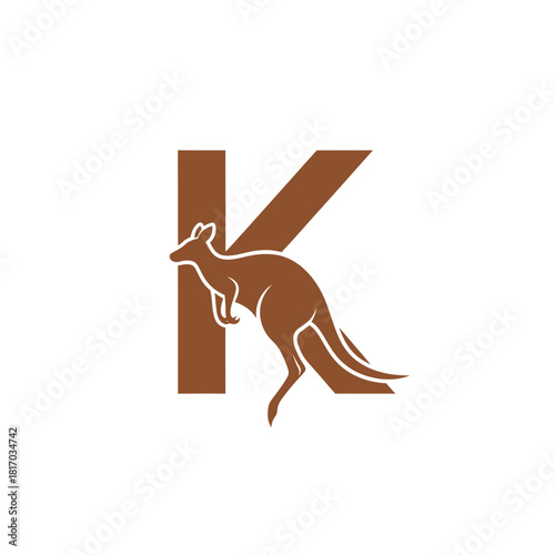 Brown Kangaroo Silhouette Integrated into Letter K, Australian Wildlife Logo Design.