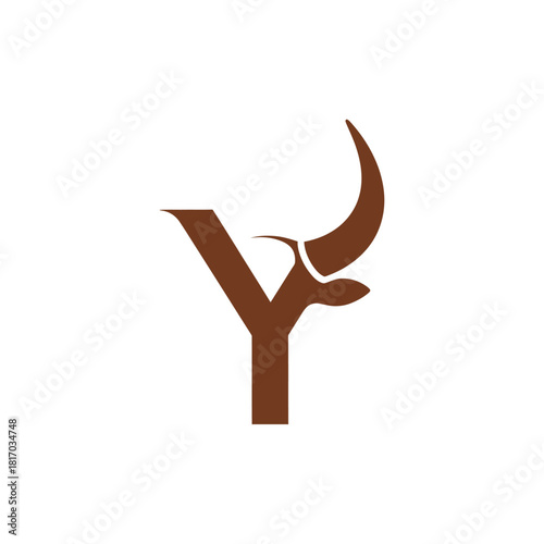 Brown Letter Y with Bull Horns and Head Silhouette, Minimalist Design.