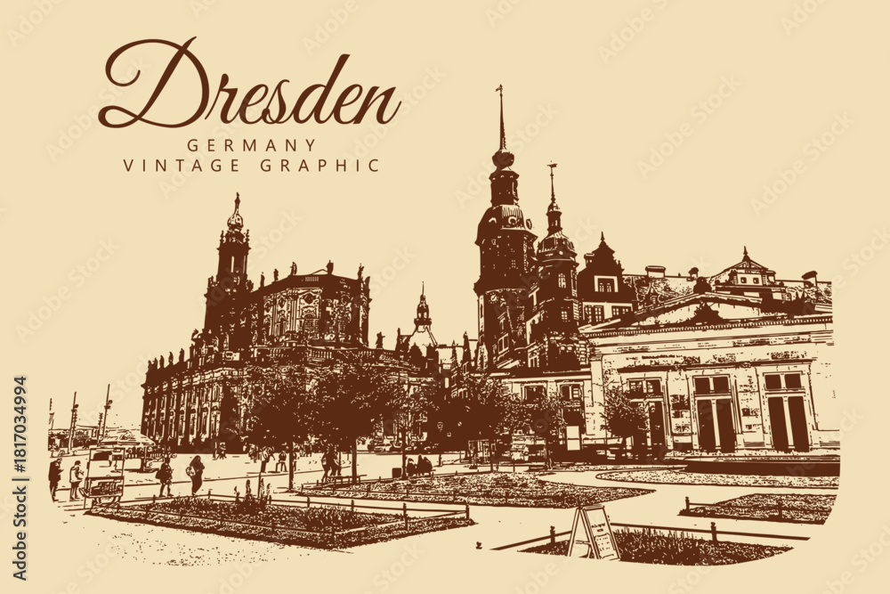 Naklejka premium City ancient architecture, Dresden, Germany. Vintage brown and beige graphics, engraved, vector. Old retro design.
