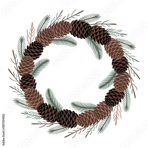 Beautiful pine cone wreath design with green branches on a light pastel background