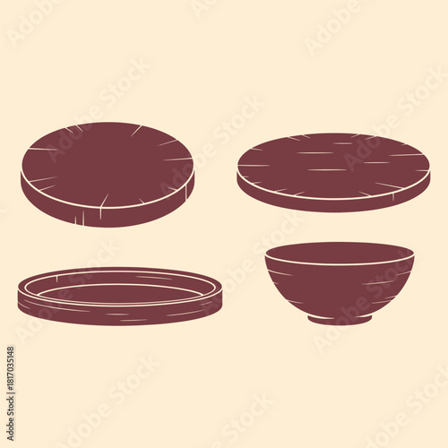Four maroon ceramic dishes and bowls with textured lines on a cream background pottery kitchenware