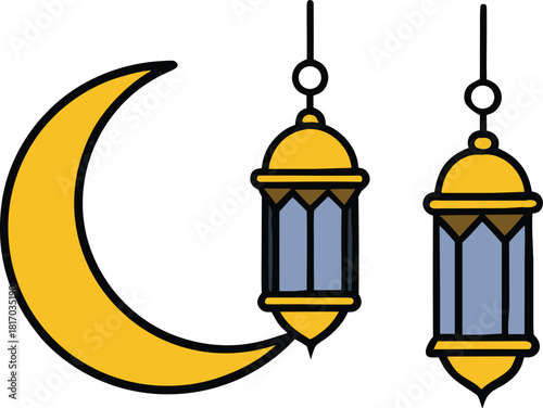 Traditional islamic crescent moon and ornate lanterns symbolizing ramadan and eid celebrations isolated on transparent background