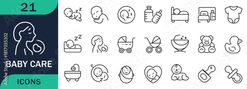 Minimalist line icon set. For baby care and parenting featuring newborn moments, baby shower elements, feeding items, family signs, childhood development, and caregiving symbols.
