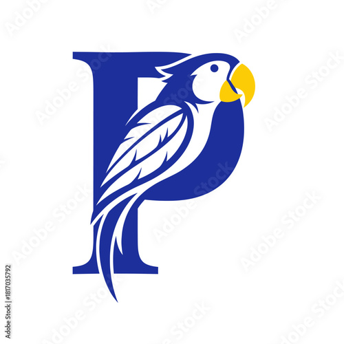 Stylized blue and white parrot with yellow beak integrated into a bold capital letter P.