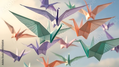 Colorful Paper Origami Birds Flying in Open Sky Photo