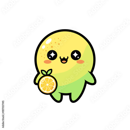 Cute lemon character holding an orange slice with a happy expression  
