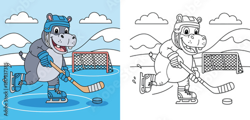 Cartoon hippopotamus playing ice hockey coloring page. Vector illustration of a cute hippo skater with a stick and puck. Winter sports activity for kids book.
