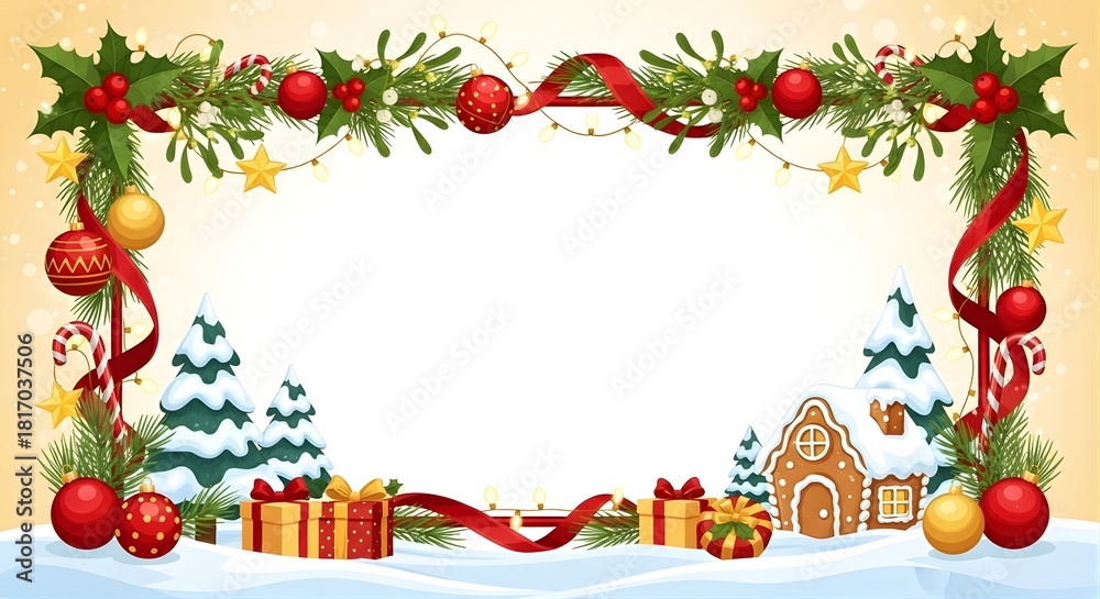 Obraz premium A christmas frame with ornaments, trees, gifts, and a gingerbread house in the snow