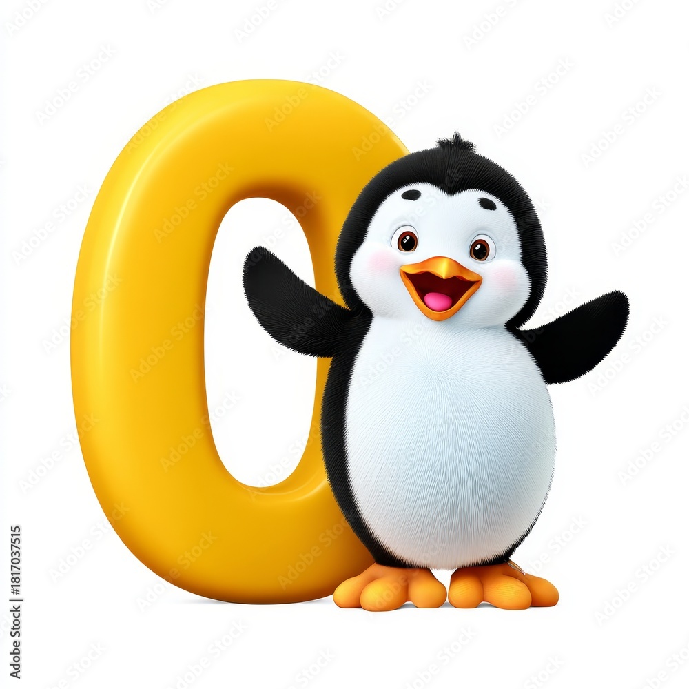 Obraz premium Cheerful cartoon penguin with yellow letter o on white background