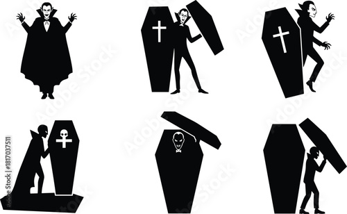 vampire silhouettes rising from coffins in spooky halloween scene, gothic horror character illustration set