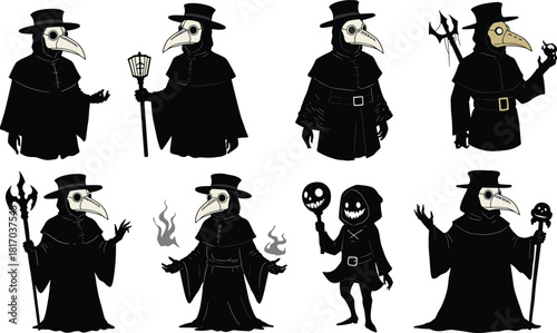 Collection of stylized plague doctor characters in dark fantasy costume design, mystical themed illustration set, vector artwork