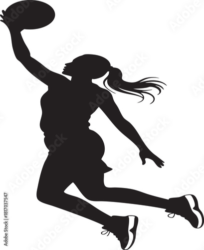 A black silhouette of a woman in mid-air, dribbling a basketball and preparing to score a basket.