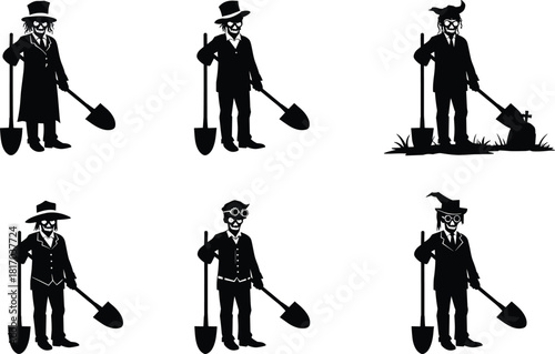 Canvas Print Spooky gravedigger character silhouettes with shovels in eerie gothic style, fan