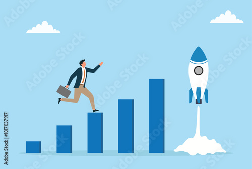 Vector illustration of a businessman climbing rising growth bars toward a launching rocket, symbolizing progress, ambition, and the drive to reach new heights in business success and innovation
