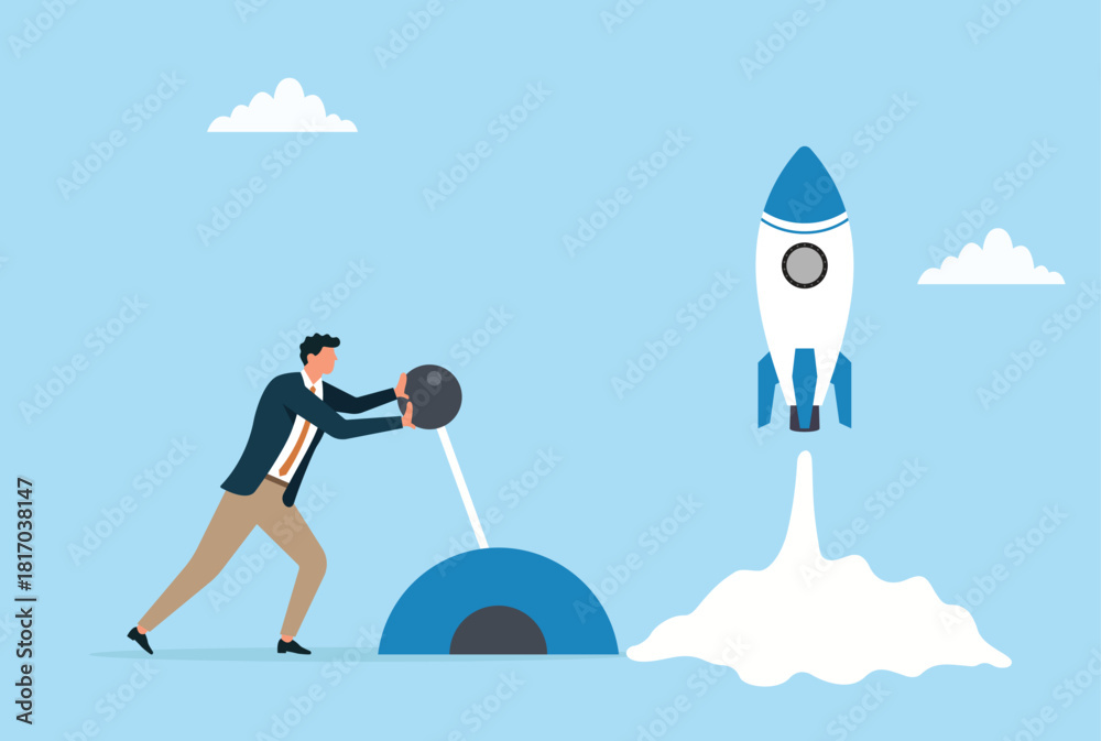 Fototapeta premium Vector illustration of a businessman pushing a lever to trigger a successful launch, symbolizing determination, action, and driving business growth forward