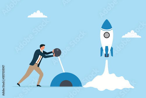 Vector illustration of a businessman pushing a lever to trigger a successful launch, symbolizing determination, action, and driving business growth forward

