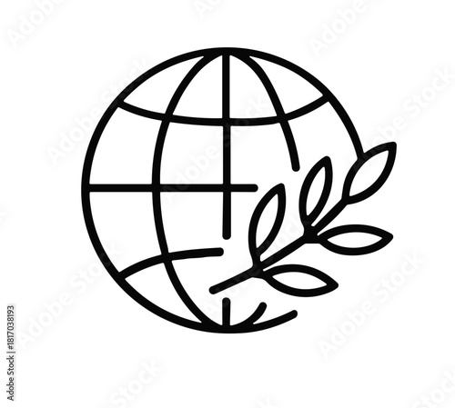 Globe with olive branch world peace line vector icon