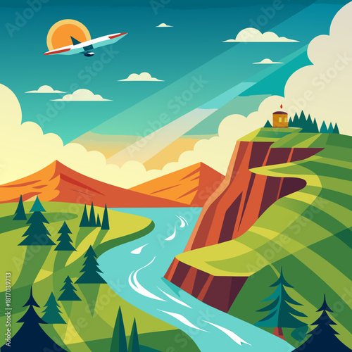 Breathtaking aerial view of a scenic landscape with mountains, a river, and a plane flying over a charming cliffside house, perfect for travel or adventure themes