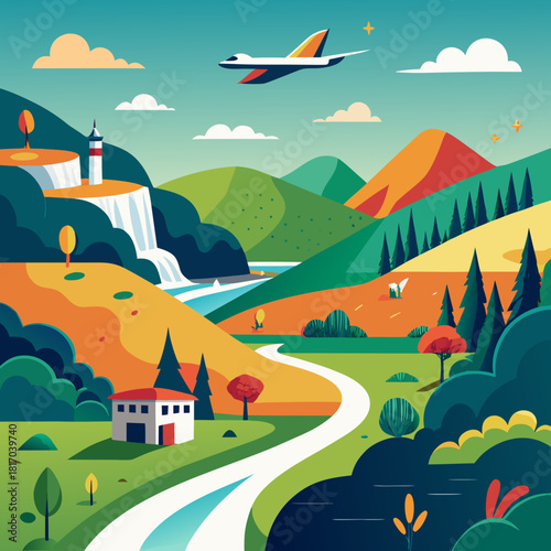 Fly Away Getaway Awaits Dreamy Vacation Destination with Airplane Above Mountains and Serene Waterfall Landscape for Tourism Adventure and Travel Lifestyle Inspiration