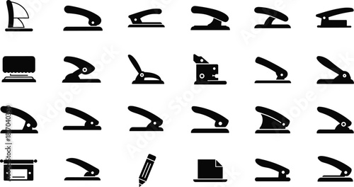 Office supply icon set, hole puncher silhouettes, stapler vector pack, black graphic tools, workplace equipment, flat illustration collection