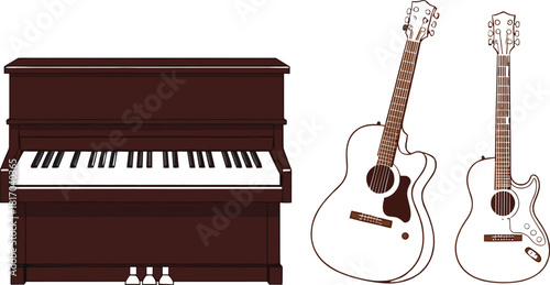 Musical instrument vector sketch, acoustic guitar and piano drawing, front view illustration, CAD style, flat design, detailed artwork