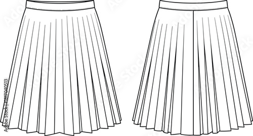 Pleated skirt sketch, fashion flat design, waistband detail, flared silhouette, garment outline, cad drawing flat vector illustration