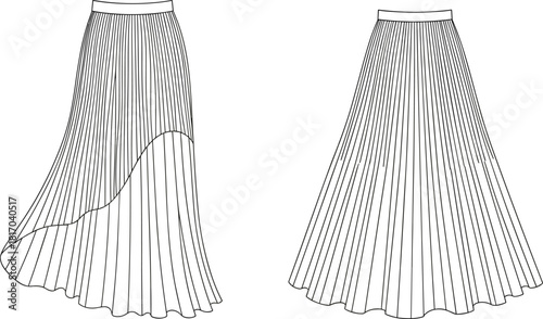 Pleated skirt sketch, asymmetrical hemline design, fashion flat illustration, garment outline, apparel template, cad drawing flat vector illustration