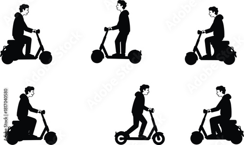 Scooter riding silhouette set, seated and standing posture icons, urban mobility illustration, vector drawing, cad sketch, flat style, transport concept