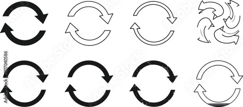 Set of black recycle and refresh icons, circular arrows loop symbol collection, cad drawing flat vector illustration