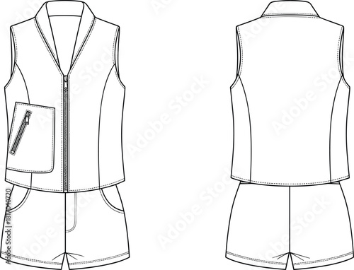 Sleeveless romper sketch, fashion flat design, zipper front, V-neck collar, casual garment, cad drawing flat vector illustration