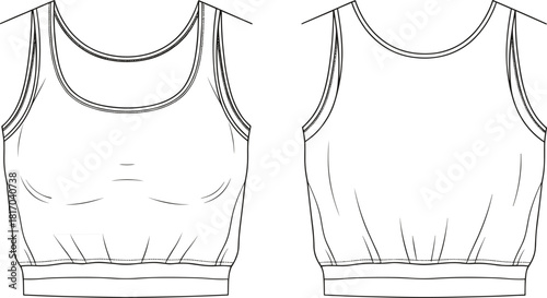 Sleeveless tank top, fashion technical drawing, front and back view, scoop neck, garment design, vector illustration, cad drawing, flat style