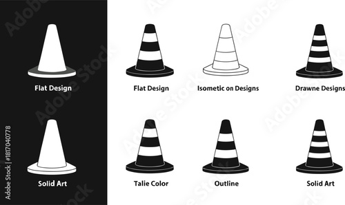 Traffic cone icon set, flat, outline, isometric, solid art, sketch style, vector illustration, design elements, construction, safety