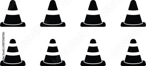 Traffic cone silhouette set, black vector icons, construction safety, stripe variations, flat design, signage, roadwork, cad drawing, illustration