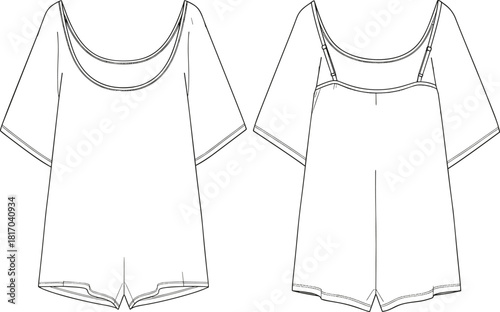 Women romper sketch, short sleeve fashion flat, scoop neckline design, back strap detail, cad drawing flat vector illustration