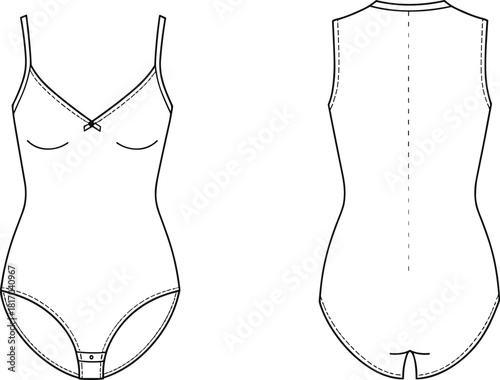 Women’s bodysuit flat sketch, fashion technical drawing, front back view, garment design template, vector apparel illustration, lingerie construction layout