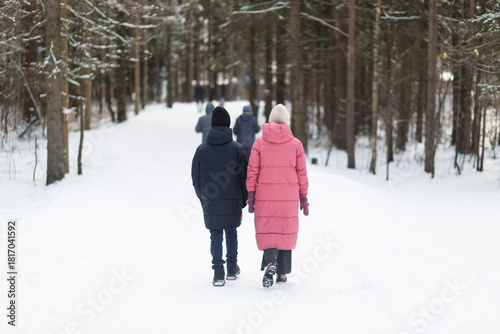 Nordic walking. People are practicing Nordic walking in the park.