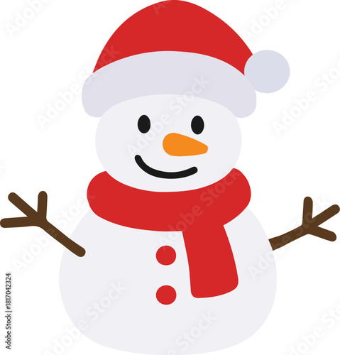Cute snowman with red hat and scarf. Vector illustration. 