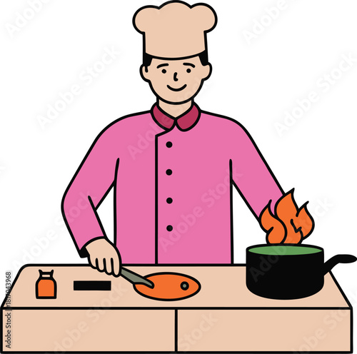 A cartoon chef in pink uniform expertly cooks, flames rising from a pan, showcasing culinary passion and skill in a vibrant illustration.