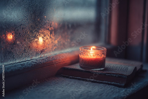 Candle book frosted window winter morning cozy warm glass reflection soft light peaceful atmosphere create serene winter morning scene with glowing candle on book by frosted window