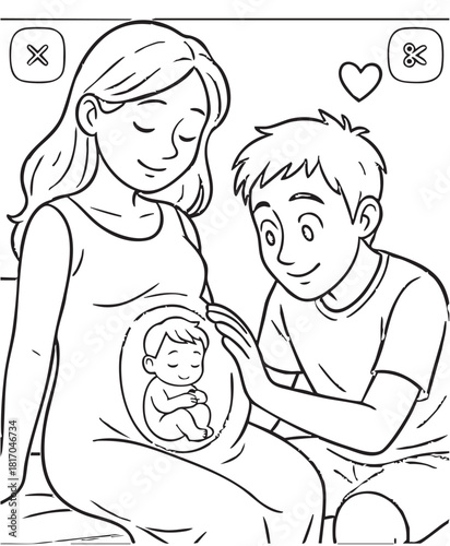 Pregnant Couple Silhouette Vector — Expecting Parents with Visible Baby in Womb and Heart Symbol in Black Line Design