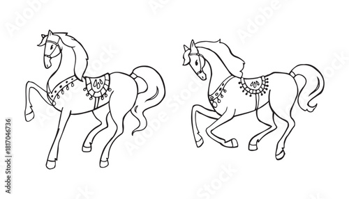 Black and white doodle set of two running horses with bridles and ornate saddles. Minimal hand drawn equestrian illustration for posters, branding, tattoos, printable decor and creative design project