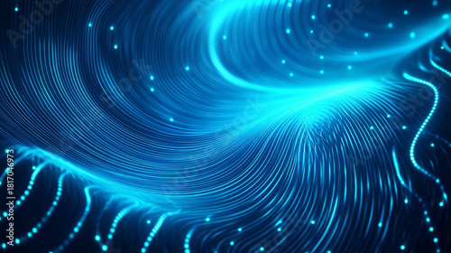 Twisting neon light waves swirl along a magical road, forming bright vector spirals, glowing beams, and futuristic curves in a luminous, abstract blue background.