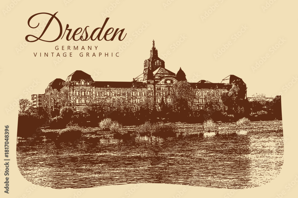 Obraz premium City ancient architecture, Dresden, Germany. Vintage brown and beige graphics, engraved, vector. Old retro design.