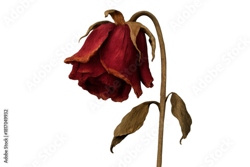 Dried red rose head and stem drooping down, symbolizing end of life, decay, sadness, and loss, transparent background